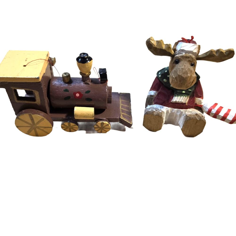 Vintage Crate & Barrel Hand Carved Wooden Train & Moose Christmas Ornaments